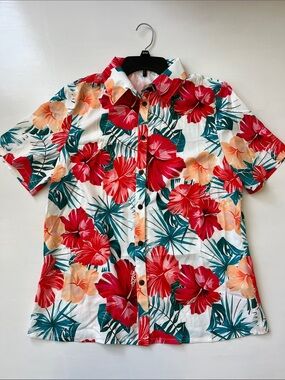 UNBRANDED Tropical Floral Short Sleeve Shirt - White with Red & Orange Flowers